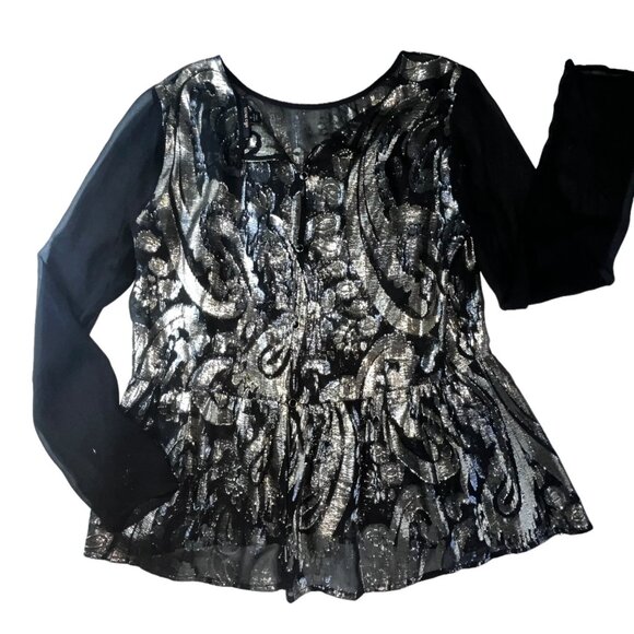 NEW Ella Moss Black Metallic Gold Top Sheer Long Sleeves Peplum Hem Medium NWT - Picture 7 of 11